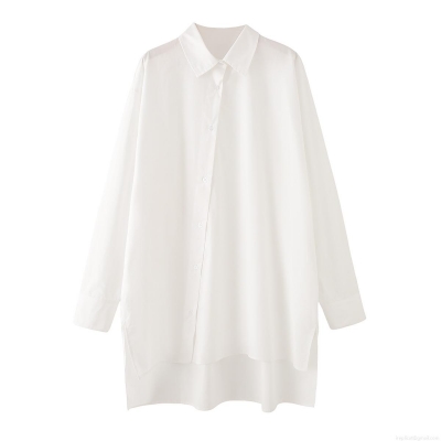 Women's 100% Cotton Poplin Long Sleeve Shirt Oversized Irregular Hem Side Split Button Down Blouse Top For Casual Daily Fashion