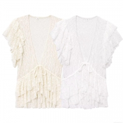 Women's Lace Short Sleeve V Neck Cardigan With Bow Tie Front Floral Hollow Out Crochet Lace Blouse Ruffle Trim Crop Top For Summer Vacation Party Sweet Style