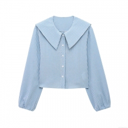 Women's Sweet Sailor Collar Plaid Blouse Long Sleeve Seersucker Button Down Shirt Casual Fresh Style Checkered Tops for Ladies