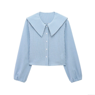Women's Sweet Sailor Collar Plaid Blouse Long Sleeve Seersucker Button Down Shirt Casual Fresh Style Checkered Tops for Ladies