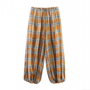 Women's Casual Plaid Lantern Pants High Waist Drawstring Tapered Trousers Polyester Ramie Blend Loose Fitting Checkered Harem Pants For Daily Travel Spring Summer Fashion Clothing