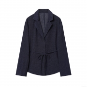 Women's Fashion Navy Blue Polyester Blazer Jacket With Belt Single Breasted Turn Down Collar Mid Length Outerwear For Office Lady Casual Elegant Coat