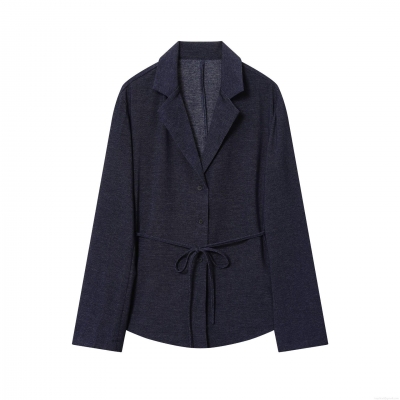 Women's Fashion Navy Blue Polyester Blazer Jacket With Belt Single Breasted Turn Down Collar Mid Length Outerwear For Office Lady Casual Elegant Coat