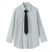Women's Striped Long Sleeve Poplin Shirt With Black Tie Office Lady Casual Button Down Oversized Blouse Top For Work Daily Casual Wear