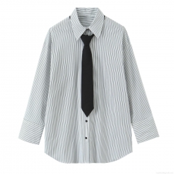 Women's Striped Long Sleeve Poplin Shirt With Black Tie Office Lady Casual Button Down Oversized Blouse Top For Work Daily Casual Wear