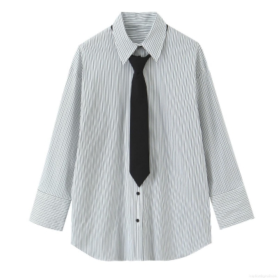 Women's Striped Long Sleeve Poplin Shirt With Black Tie Office Lady Casual Button Down Oversized Blouse Top For Work Daily Casual Wear