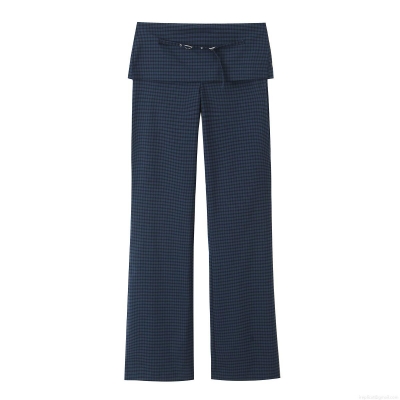 Women's Casual High Waisted Plaid Trousers Straight Leg Pants With Folded Waist Metal Buckle Thin Belt Fashion Gingham Bottoms For Daily Wear