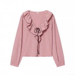 Women's Red White Gingham Ruffle V-Neck Long Sleeve Blouse Vintage Checkered Tie-Front Shirt Top Polyester Casual Sweet Style Ladies Spring Autumn Wear