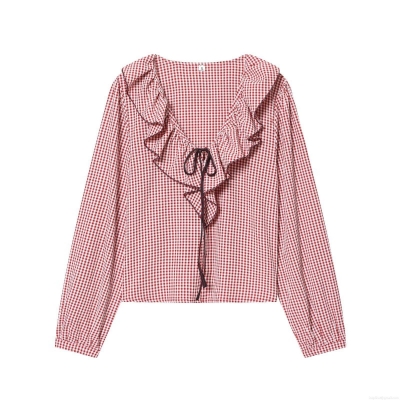 Women's Red White Gingham Ruffle V-Neck Long Sleeve Blouse Vintage Checkered Tie-Front Shirt Top Polyester Casual Sweet Style Ladies Spring Autumn Wear