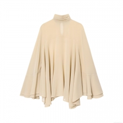 Elegant Women High Neck Pearl Chiffon Blouse Cape Style Tiered Ruffle Long Flared Sleeve Top For Party Office Solid Color Loose Fit Blouse