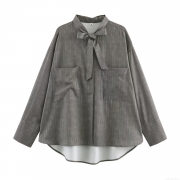 Women Vertical Stripe Long Sleeve Shirt With Bow Tie Neck Polyester Spandex Blouse Double Pockets Office Elegant Casual Fashion Top