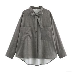 Women Vertical Stripe Long Sleeve Shirt With Bow Tie Neck Polyester Spandex Blouse Double Pockets Office Elegant Casual Fashion Top