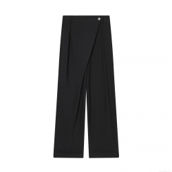 Women's High Waisted Wide Leg Pants Asymmetrical Overlap Waist Button Solid Black Casual Trousers Chic Straight Drape Trousers Elegant Office Lady Streetwear Fashion Bottoms
