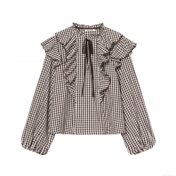 Women's Ruffle Layered Gingham Plaid Blouse Long Sleeve Tie Neck Button Down Polyester Cotton Blend Casual Fashion Office Shirt