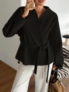 Women's Casual Blazer Jacket Polyester Viscose Blend Belted Waist Long Sleeve V-Neck Suit Outerwear for Holiday Office Streetwear Fashion Ladies