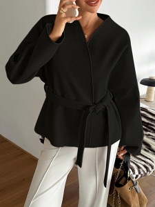Women's Casual Blazer Jacket Polyester Viscose Blend Belted Waist Long Sleeve V-Neck Suit Outerwear for Holiday Office Streetwear Fashion Ladies