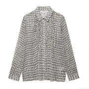 French Style Elegant Geometric Print Chiffon Blouse For Women Long Sleeve Pleated Lapel Shirt Office Commute Tops With Gold Thread Detail