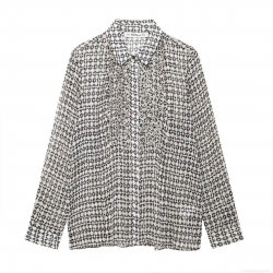 French Style Elegant Geometric Print Chiffon Blouse For Women Long Sleeve Pleated Lapel Shirt Office Commute Tops With Gold Thread Detail