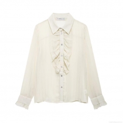 Women's French Romantic Ivory White Blouse 100% Polyester Vertical Striped Texture Shirt Frill Ruffle Collar Long Sleeve Top For Daily Office Elegant Casual Chic Apparel
