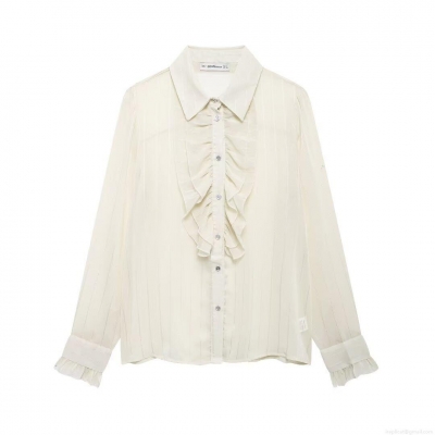 Women's French Romantic Ivory White Blouse 100% Polyester Vertical Striped Texture Shirt Frill Ruffle Collar Long Sleeve Top For Daily Office Elegant Casual Chic Apparel