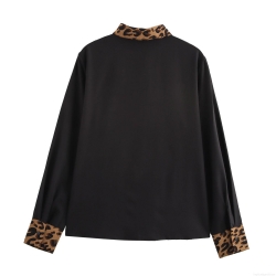 Women's Retro Leopard Print Stitching Long Sleeve Shirt Loose Lapel Contrast Color Polyester Blouse Casual Single Breasted Button Up Top For Women