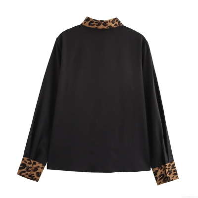 Women's Retro Leopard Print Stitching Long Sleeve Shirt Loose Lapel Contrast Color Polyester Blouse Casual Single Breasted Button Up Top For Women