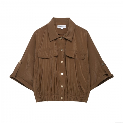 Women's Utility Cargo Shirt 100% Polyester 3/4 Sleeve Lapel Metal Button Down Daily Streetwear Loose Fit Elastic Hem Flap Pockets For Women