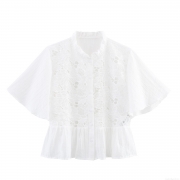 Women's Lace Patchwork Blouse Short Flutter Sleeve Button Down Lapel Shirt Sweet White Polyester Lace Top For Women Casual Summer