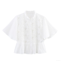 Women's Lace Patchwork Blouse Short Flutter Sleeve Button Down Lapel Shirt Sweet White Polyester Lace Top For Women Casual Summer