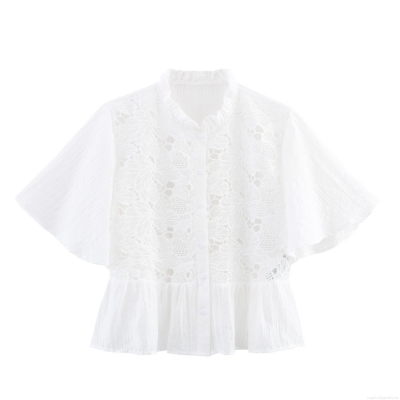 Women's Lace Patchwork Blouse Short Flutter Sleeve Button Down Lapel Shirt Sweet White Polyester Lace Top For Women Casual Summer