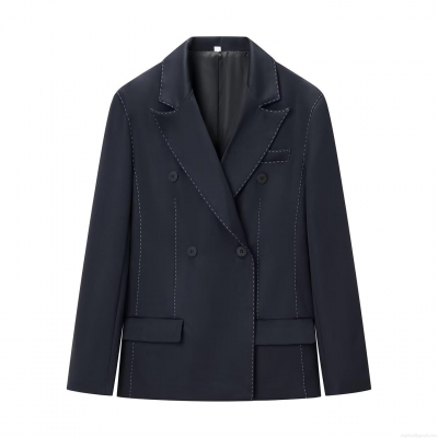 Women's Navy Blue Contrast Topstitching Double Breasted Blazer Notch Lapel Long Sleeve Woven Suit Jacket Office Professional Casual Outwear For Women