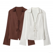 Women's Elegant Satin V-Neck Blouse Fashionable Lace-Up Front Long Sleeve Shirt With Flare Cuff Slim Fit Casual Chic Top For Ladies Daily Wear