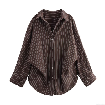 Women's Striped Batwing Sleeve Shirt Vintage Polyester Poplin Button Down Long Sleeve Blouse Casual Streetwear Loose Patchwork Top For Office Daily Autumn