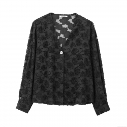 Women's Sheer Jacquard Floral Blouse V Neck Textured Long Sleeve Shirt With Gold Buttons Streetwear European Style Top For Women