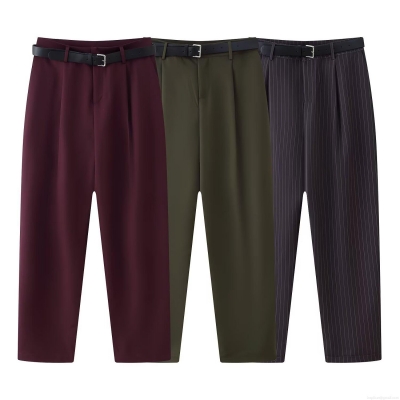 Women's High Waist Casual Wide Leg Pants With Belt Elegant Double Pleated Long Trousers Striped Solid Color Polyester Slacks For Office Streetwear