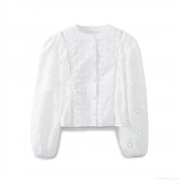 Elegant Women's White Eyelet Embroidered Blouse 85% Cotton Long Sleeve Round Neck Button Down Shirt Street Style Chic Top for Women