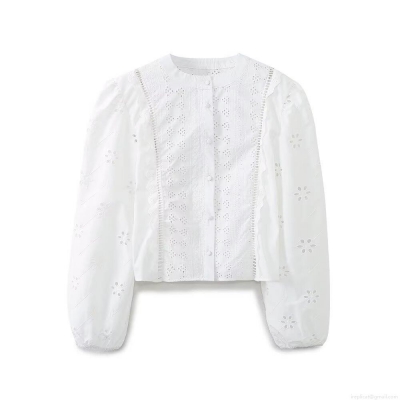 Elegant Women's White Eyelet Embroidered Blouse 85% Cotton Long Sleeve Round Neck Button Down Shirt Street Style Chic Top for Women
