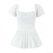 Women Elegant White Lace Spliced Pleated Blouse French Vintage Square Neck Puff Short Sleeve Cotton Shirt Slim Fit Casual Top For Summer Dating