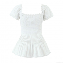 Women Elegant White Lace Spliced Pleated Blouse French Vintage Square Neck Puff Short Sleeve Cotton Shirt Slim Fit Casual Top For Summer Dating