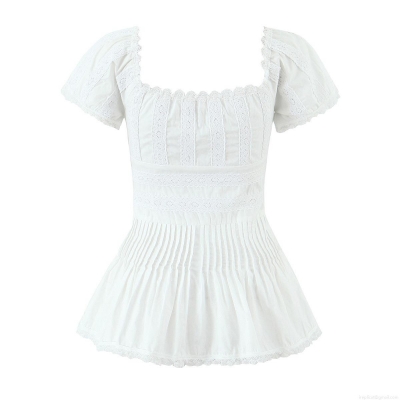 Women Elegant White Lace Spliced Pleated Blouse French Vintage Square Neck Puff Short Sleeve Cotton Shirt Slim Fit Casual Top For Summer Dating