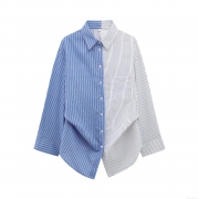 Women's Striped Patchwork Long Sleeve Shirt Asymmetric Polyester Blouse Casual Lapel Single Breasted Streetwear Top For Women