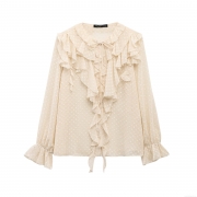 Women's Elegant Swiss Dot Chiffon Blouse Retro Ruffle Trim Tie Neck Long Sleeve Blouse Top Office Daily Party Wear Shirt