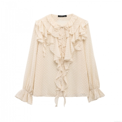 Women's Elegant Swiss Dot Chiffon Blouse Retro Ruffle Trim Tie Neck Long Sleeve Blouse Top Office Daily Party Wear Shirt