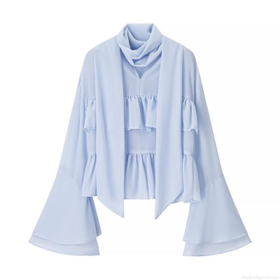 Women's Pussy Bow Chiffon Blouse Elegant Ruffle Long Flared Sleeve Solid Color Pullover Top Streetwear Casual Shirt