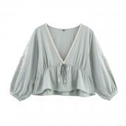 Women's V Neck Lantern Sleeve Embroidery Blouse Cotton Blend Tie Front Lace Trim Ruffle Hem Casual Shirt Summer Streetwear Tops