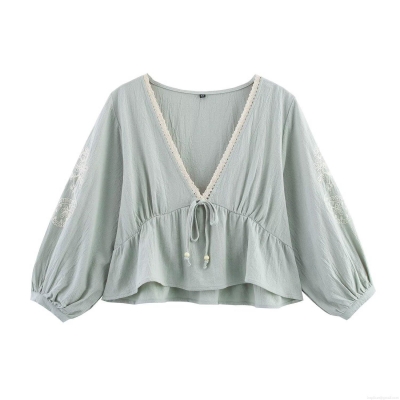 Women's V Neck Lantern Sleeve Embroidery Blouse Cotton Blend Tie Front Lace Trim Ruffle Hem Casual Shirt Summer Streetwear Tops