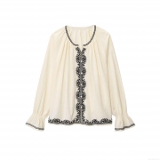 Women Bohemian Flare Sleeve Embroidered Blouse Loose Round Neck Button Down Polyester Top for Summer Vacation Street Style Cream White Shirt