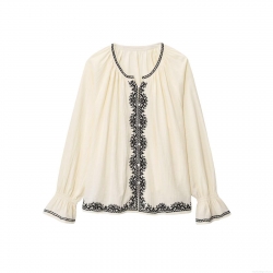 Women Bohemian Flare Sleeve Embroidered Blouse Loose Round Neck Button Down Polyester Top for Summer Vacation Street Style Cream White Shirt