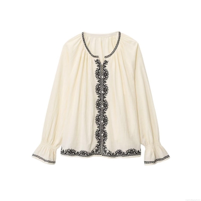 Women Bohemian Flare Sleeve Embroidered Blouse Loose Round Neck Button Down Polyester Top for Summer Vacation Street Style Cream White Shirt
