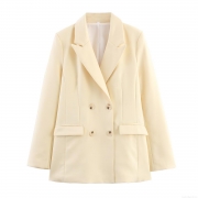 Women's Double Breasted Blazer Jacket Lapel Long Sleeve Solid Color Polyester Suit Coat For Autumn Office Lady Street Style